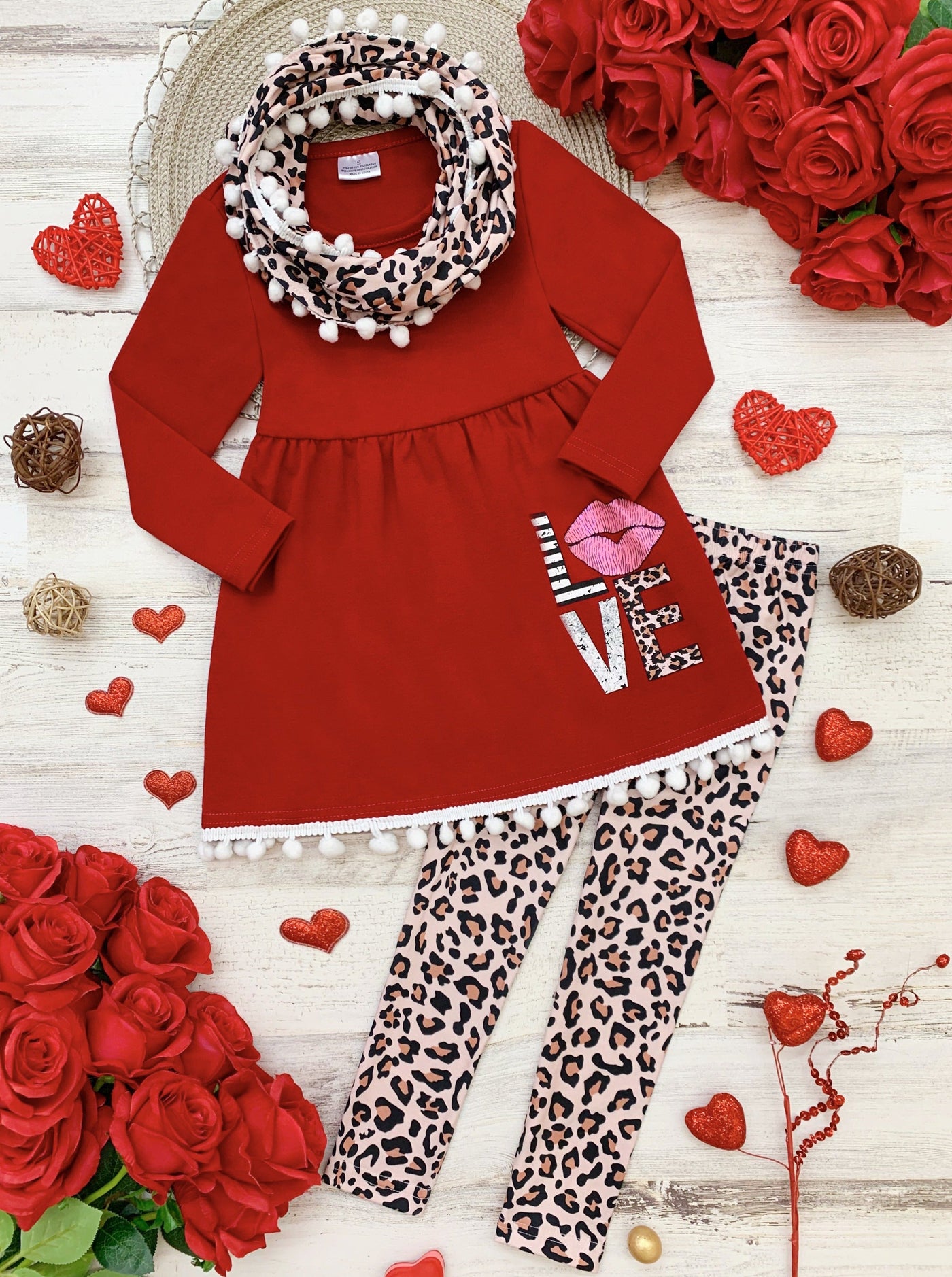 Girls Valentine's Clothes | Kissy Face Love Tunic. Scarf & Legging Set