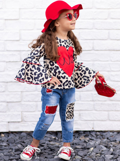 Kids Valentine's Clothes | Leopard Print Top & Patched Jeans Set 