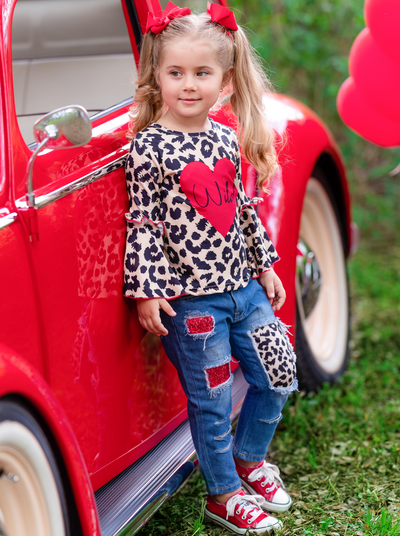 Kids Valentine's Clothes | Leopard Print Top & Patched Jeans Set