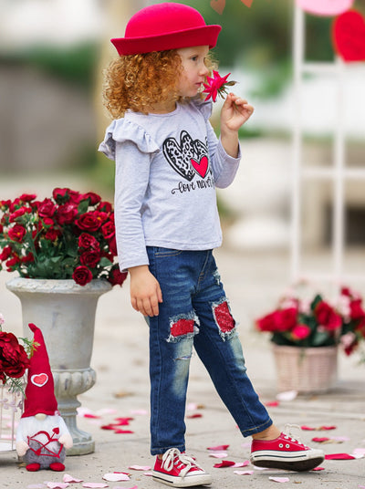 Kids Valentine's Clothes | Love Never Fails Top & Patched Jeans Set
