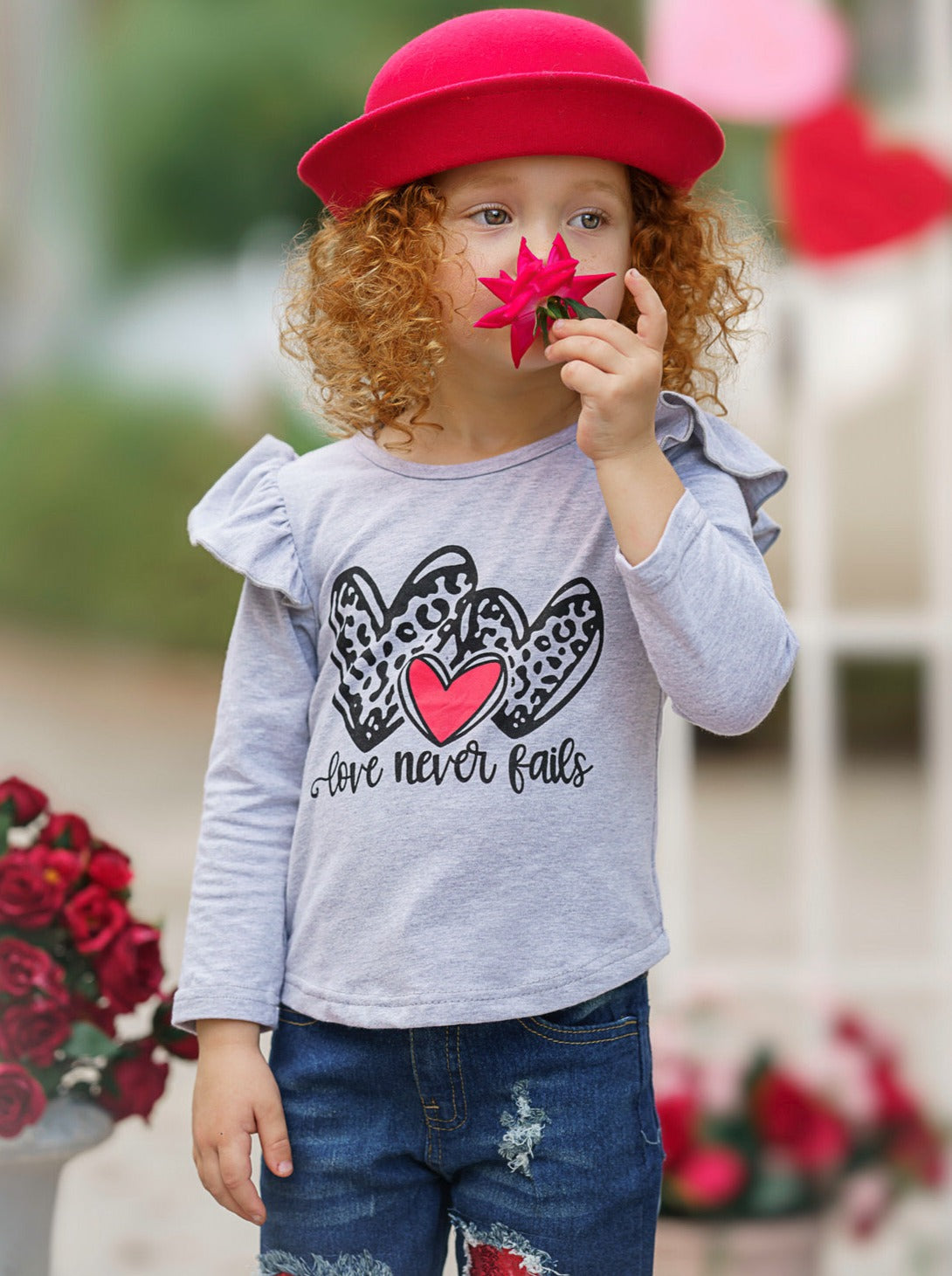 Kids Valentine's Clothes | Love Never Fails Top & Patched Jeans Set