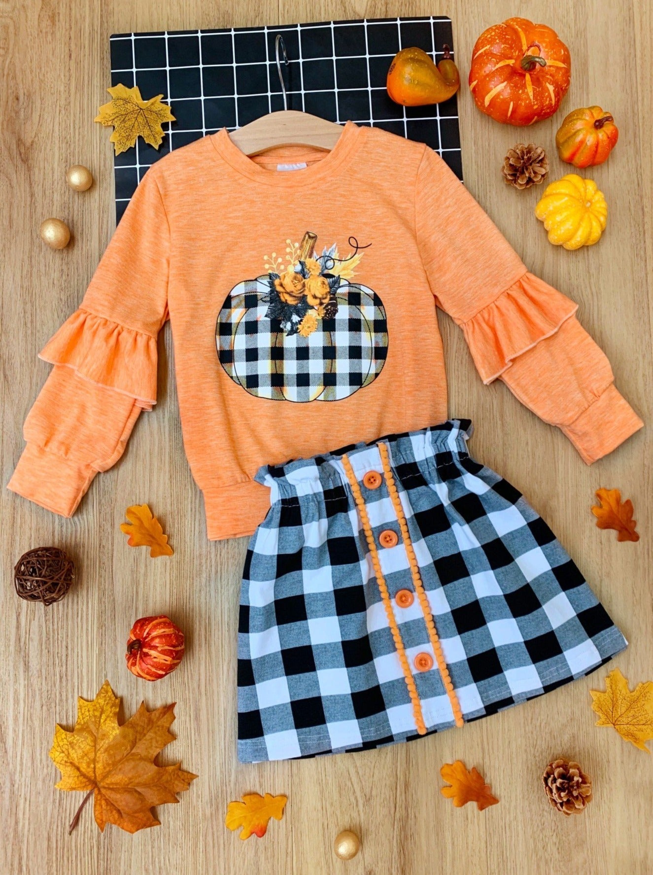 Girls Fall Outfits | Pumpkin Pullover & Skirt Set - Mia Belle Girls