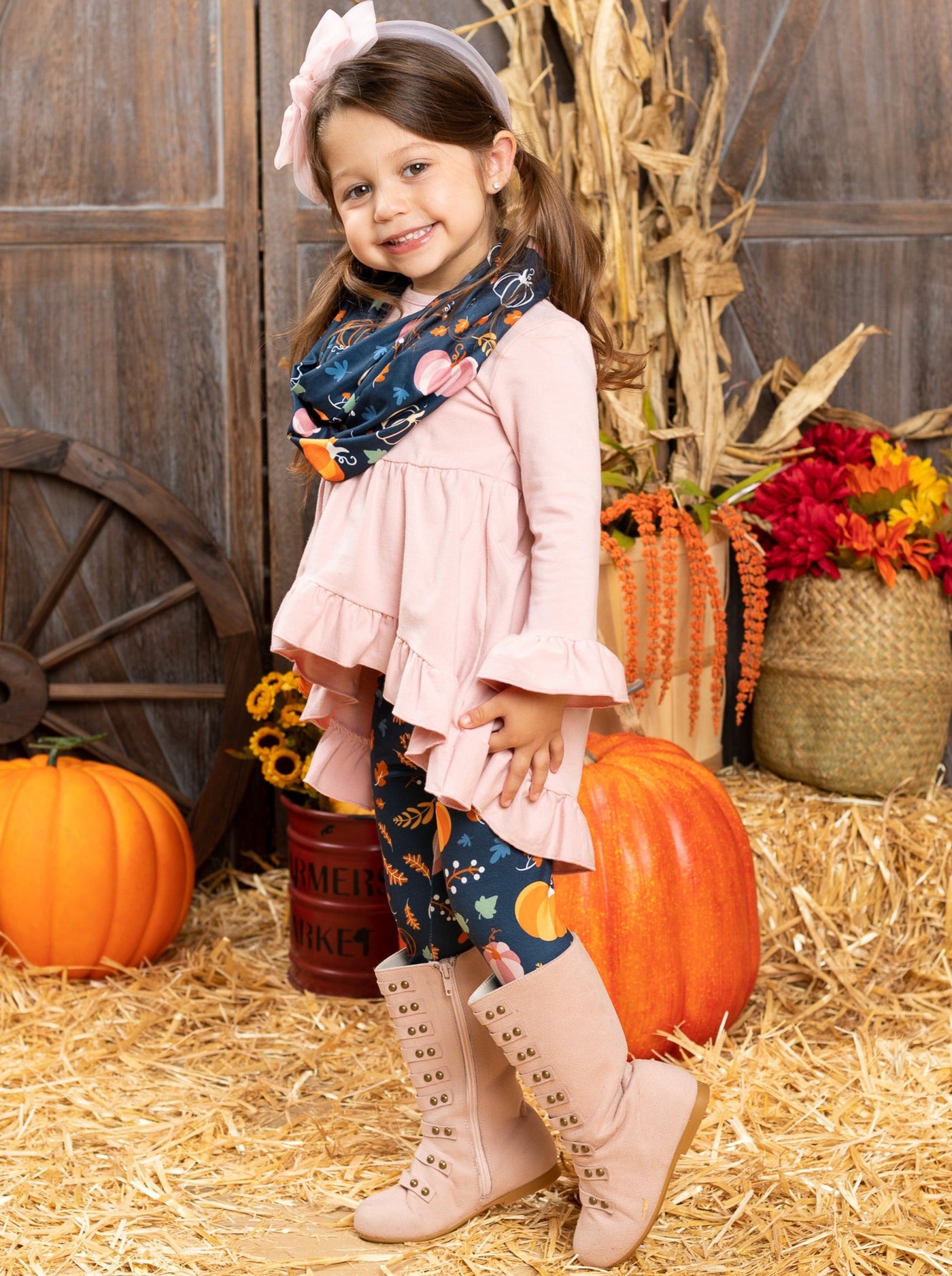 Little Girls Cute Fall Tunic, Leggings & Scarf Set - Mia Belle Girls