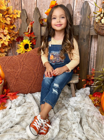 Girls Fall Striped Top & Patched Overall Jeans Set - Mia Belle Girls