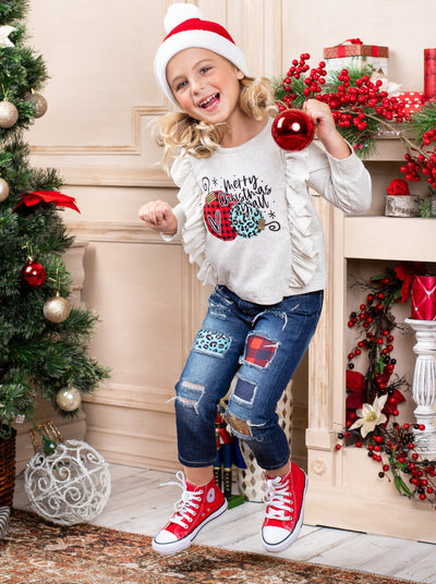 Cute Winter Sets | Merry Christmas Ruffled Top & Patched Jeans Set