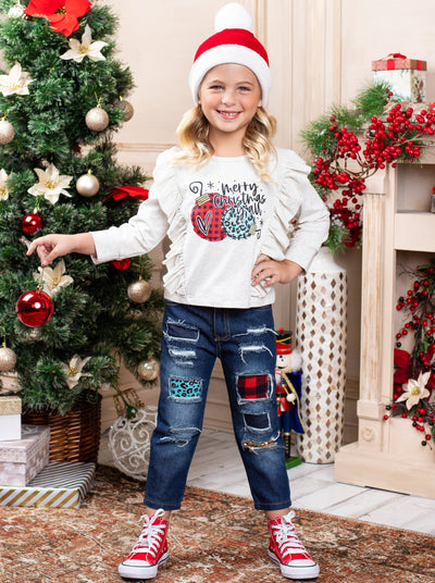 Cute Winter Sets | Merry Christmas Ruffled Top & Patched Jeans Set