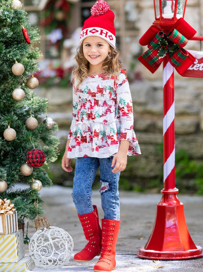 Cute Winter Sets | Christmas Scene Ruffled Top and Patched Jeans Set 