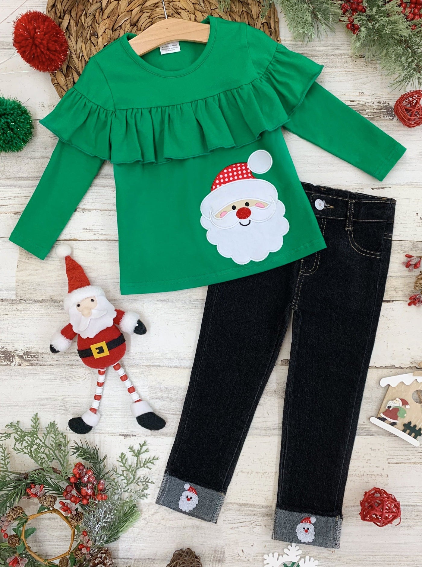 Cute Winter Sets | Girls Santa Ruffle Bib Top And Cuffed Jeans Set