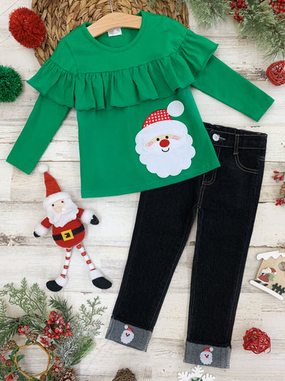 Cute Winter Sets | Girls Santa Ruffle Bib Top And Cuffed Jeans Set