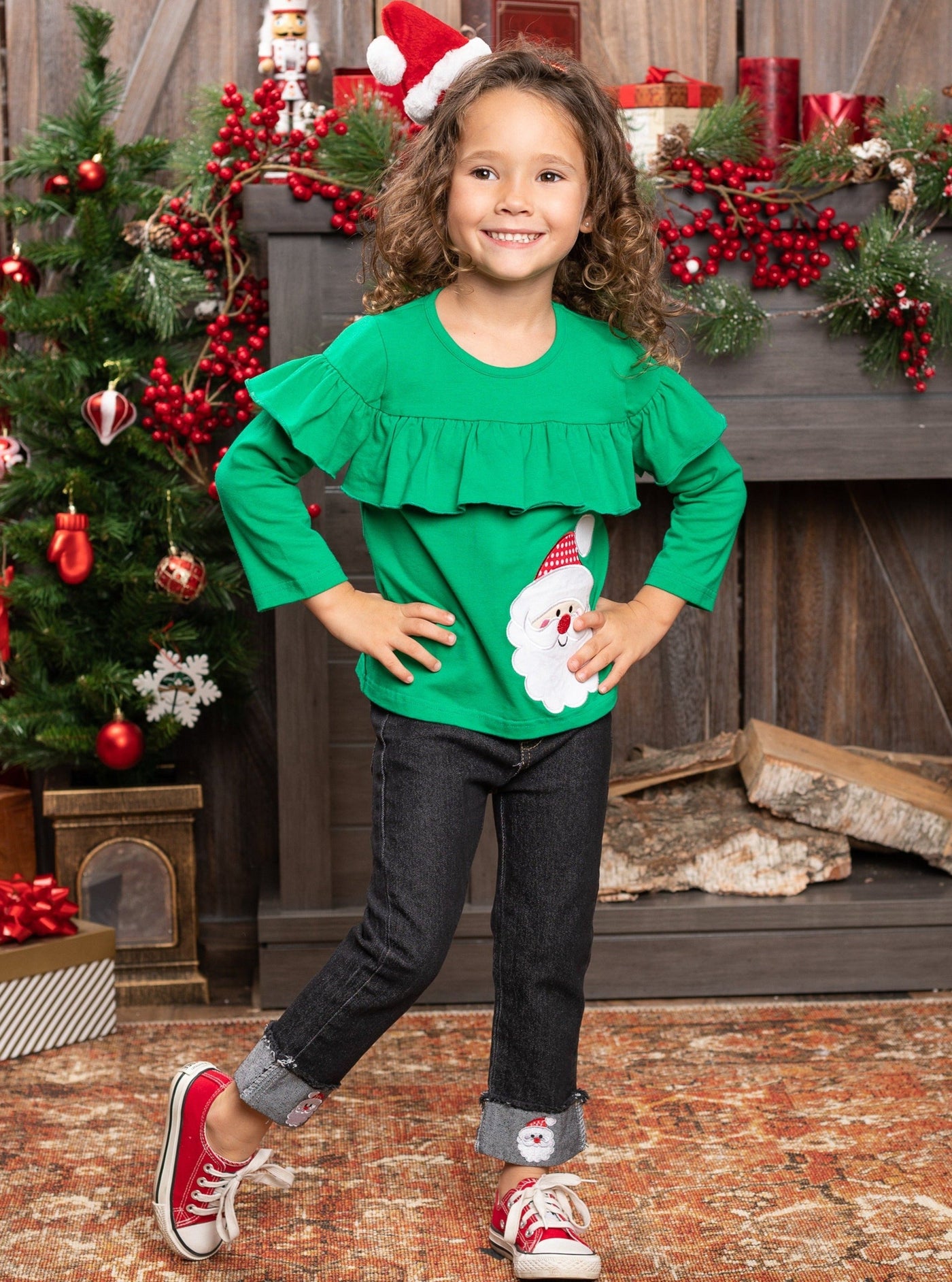 Cute Winter Sets | Girls Santa Ruffle Bib Top And Cuffed Jeans Set
