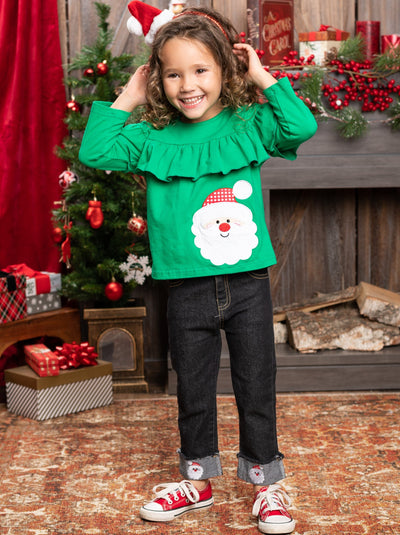 Cute Winter Sets | Girls Santa Ruffle Bib Top And Cuffed Jeans Set