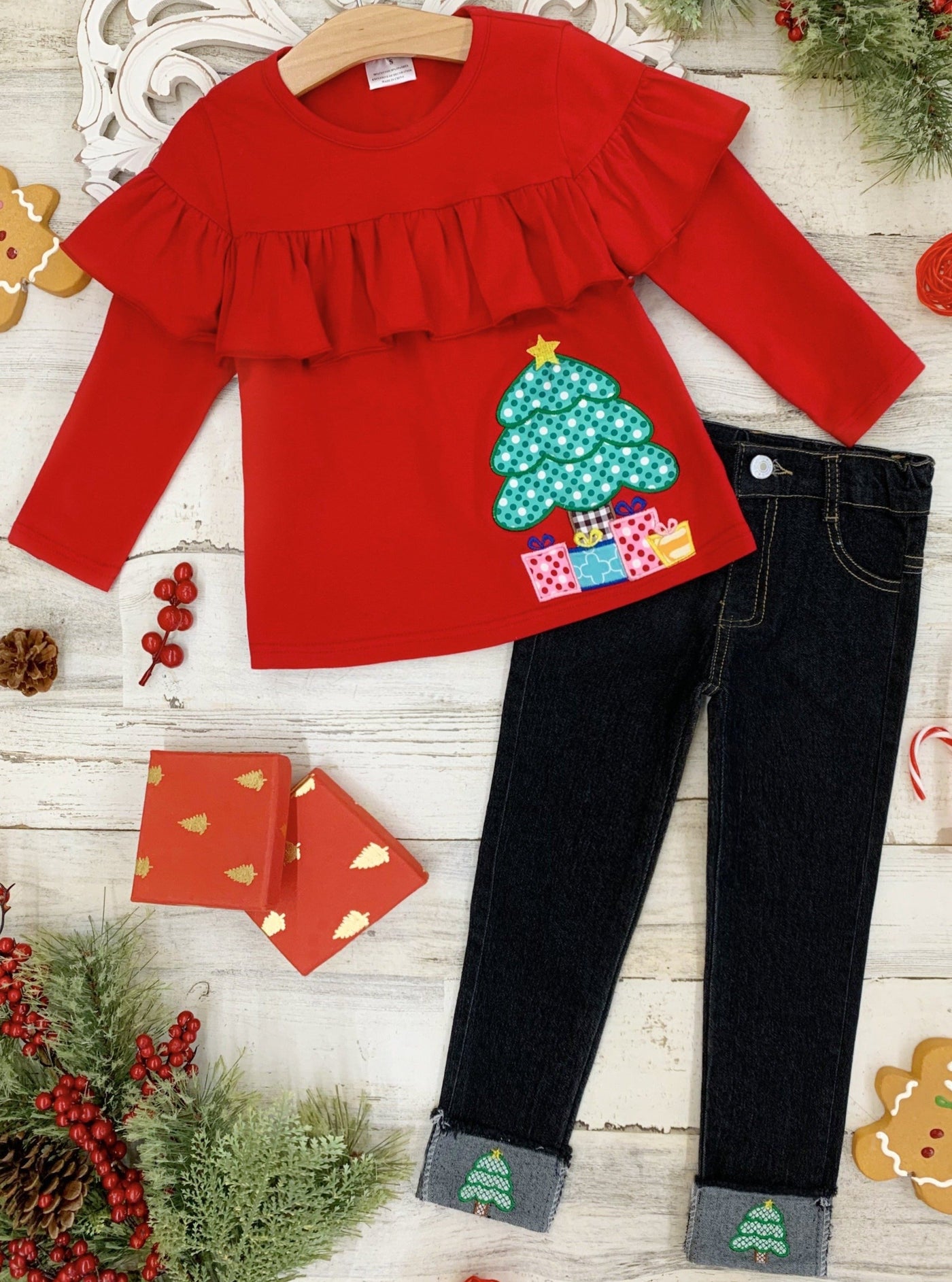 Cute Winter Sets | Girls Christmas Ruffle Bib Top & Cuffed Jeans Set