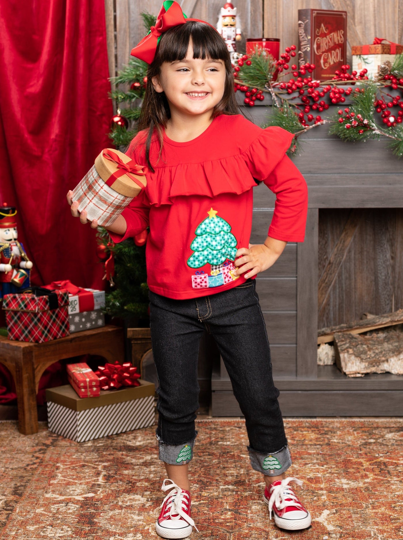 Cute Winter Sets | Girls Christmas Ruffle Bib Top & Cuffed Jeans Set