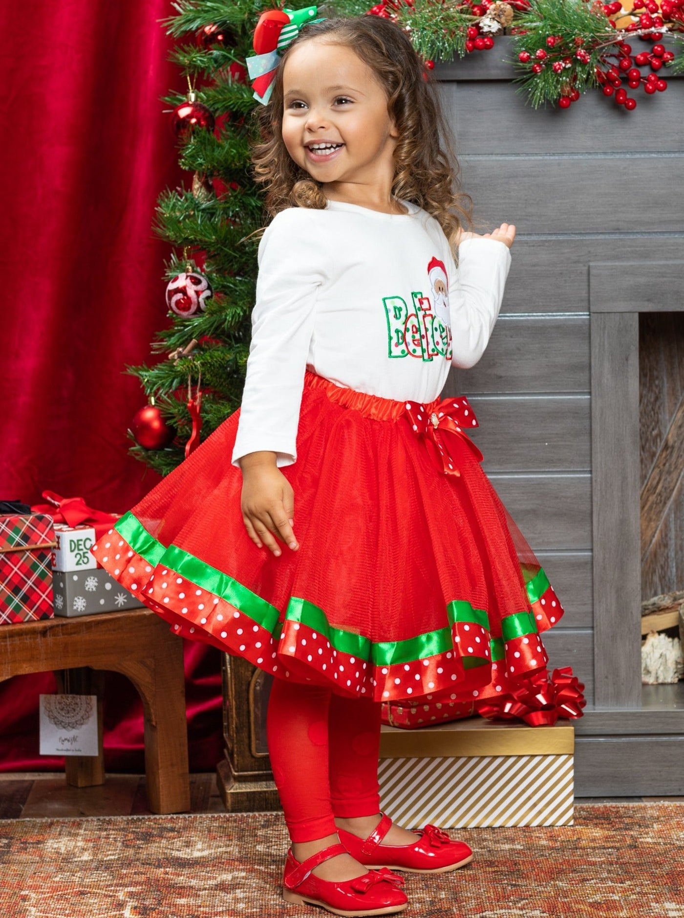 Cute Winter Sets | Girls Believe Santa Top and Holiday Tutu Skirt Set