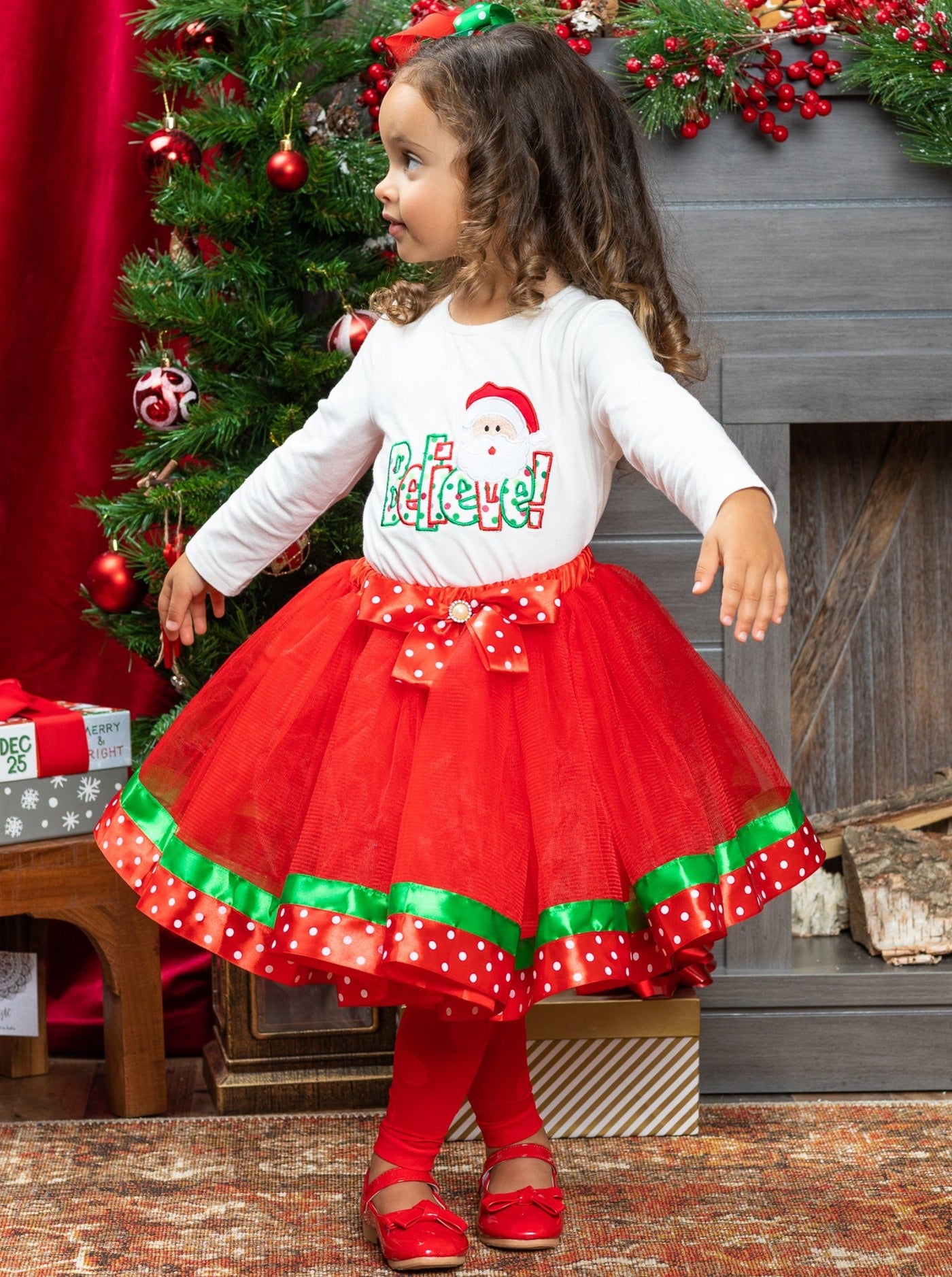 Cute Winter Sets | Girls Believe Santa Top and Holiday Tutu Skirt Set