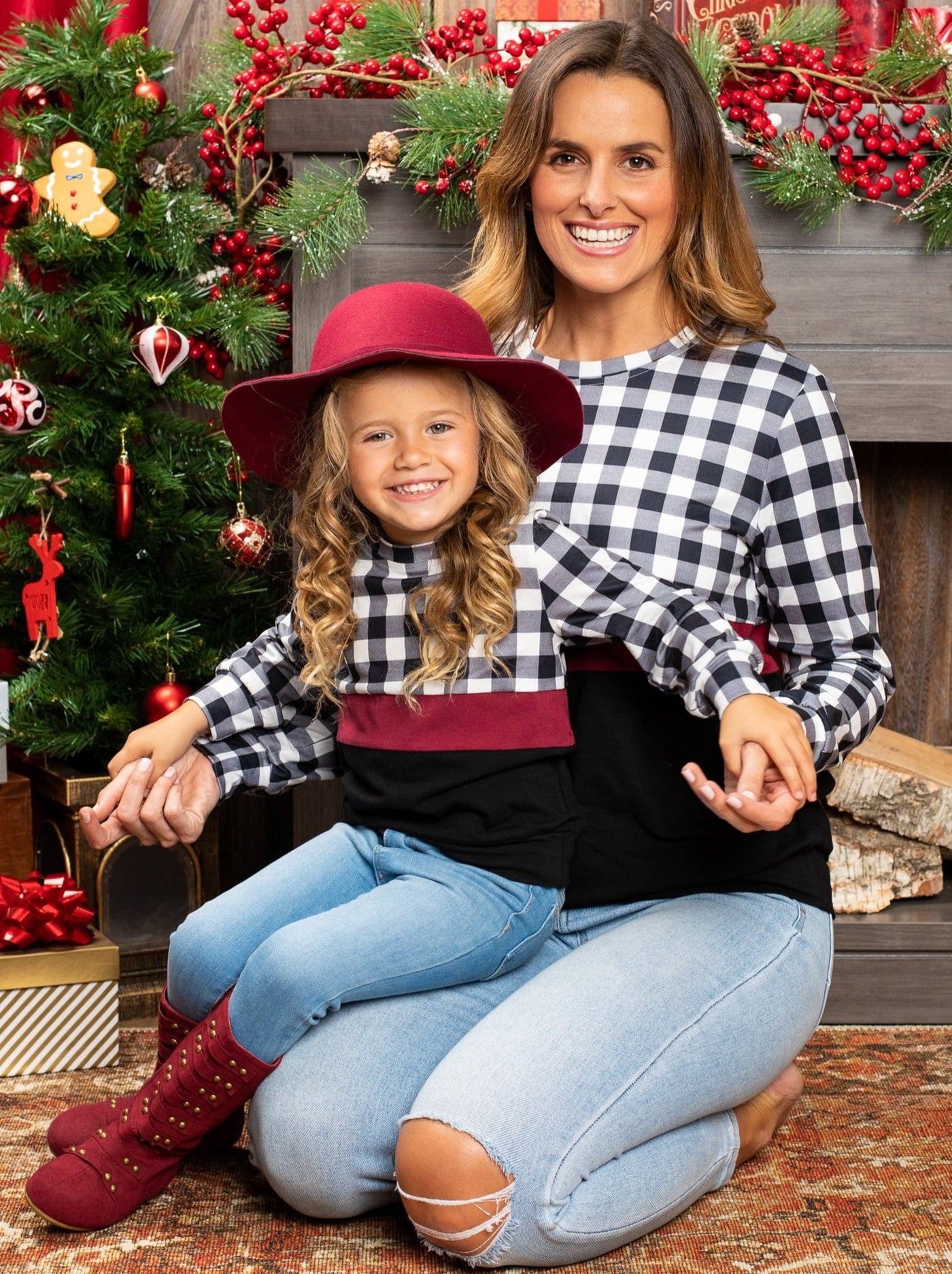 Mommy and Me Matching Tops | Checker Plaid Colorblock Long Sleeve Top