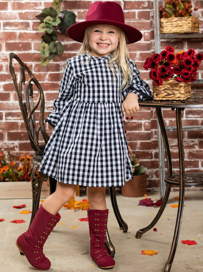 Girls Ruffled Long Sleeve Plaid Dress