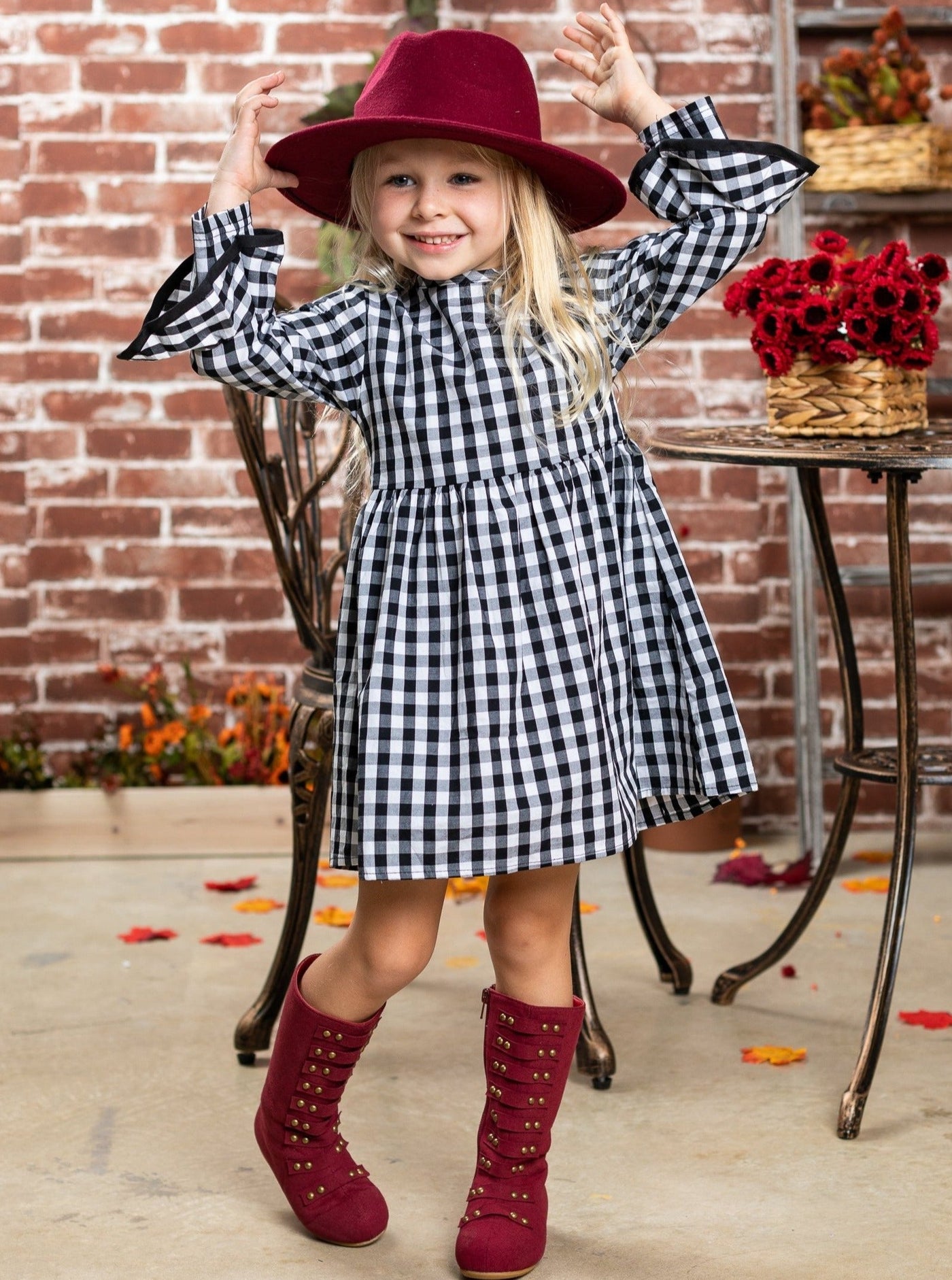 Girls Ruffled Long Sleeve Plaid Dress
