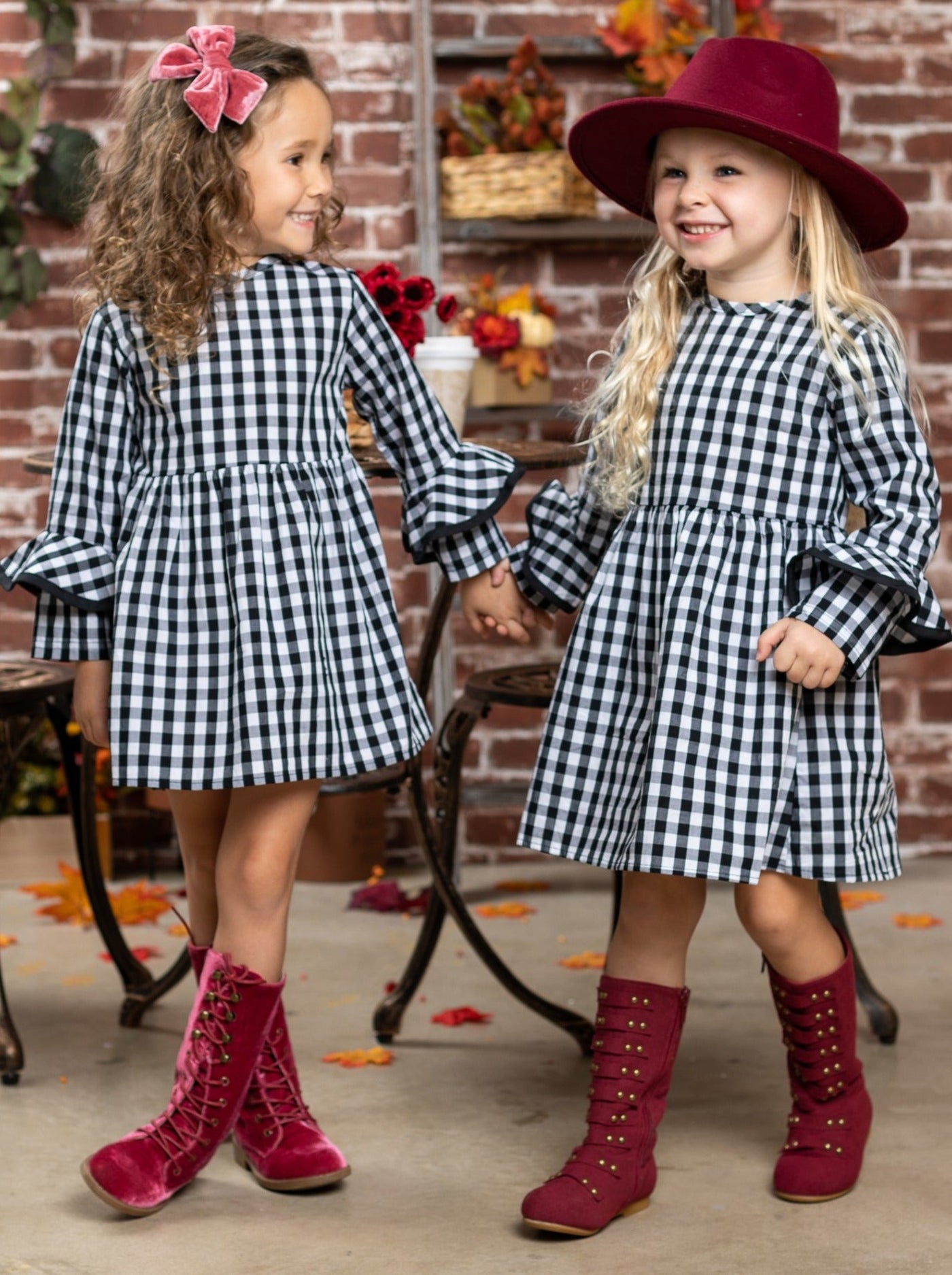 Girls Ruffled Long Sleeve Plaid Dress