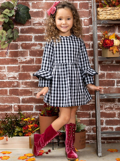 Girls Ruffled Long Sleeve Plaid Dress