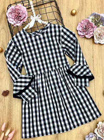 Girls Ruffled Long Sleeve Plaid Dress