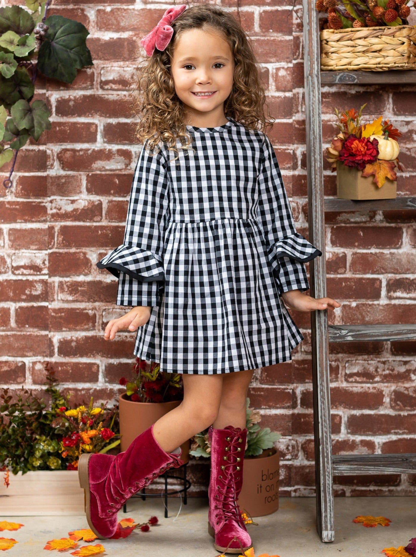 Girls Ruffled Long Sleeve Plaid Dress