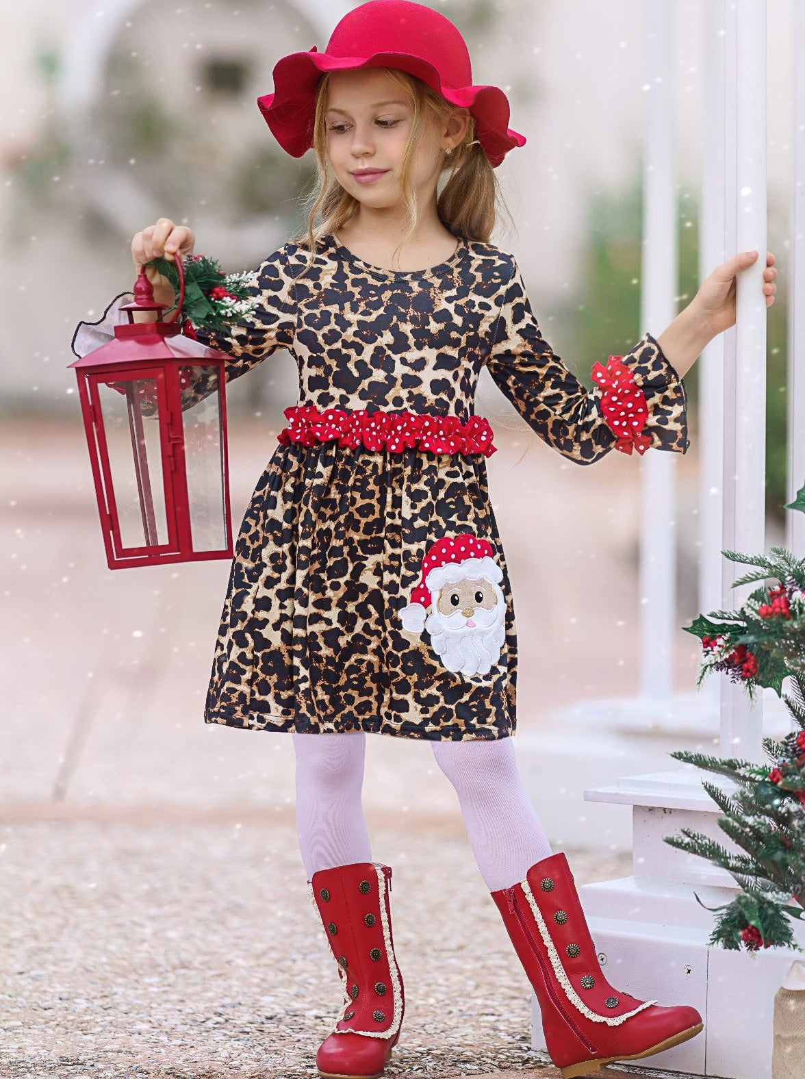 Cute Winter Dresses | Girls Leopard Print Santa Applique Ruffle Dress