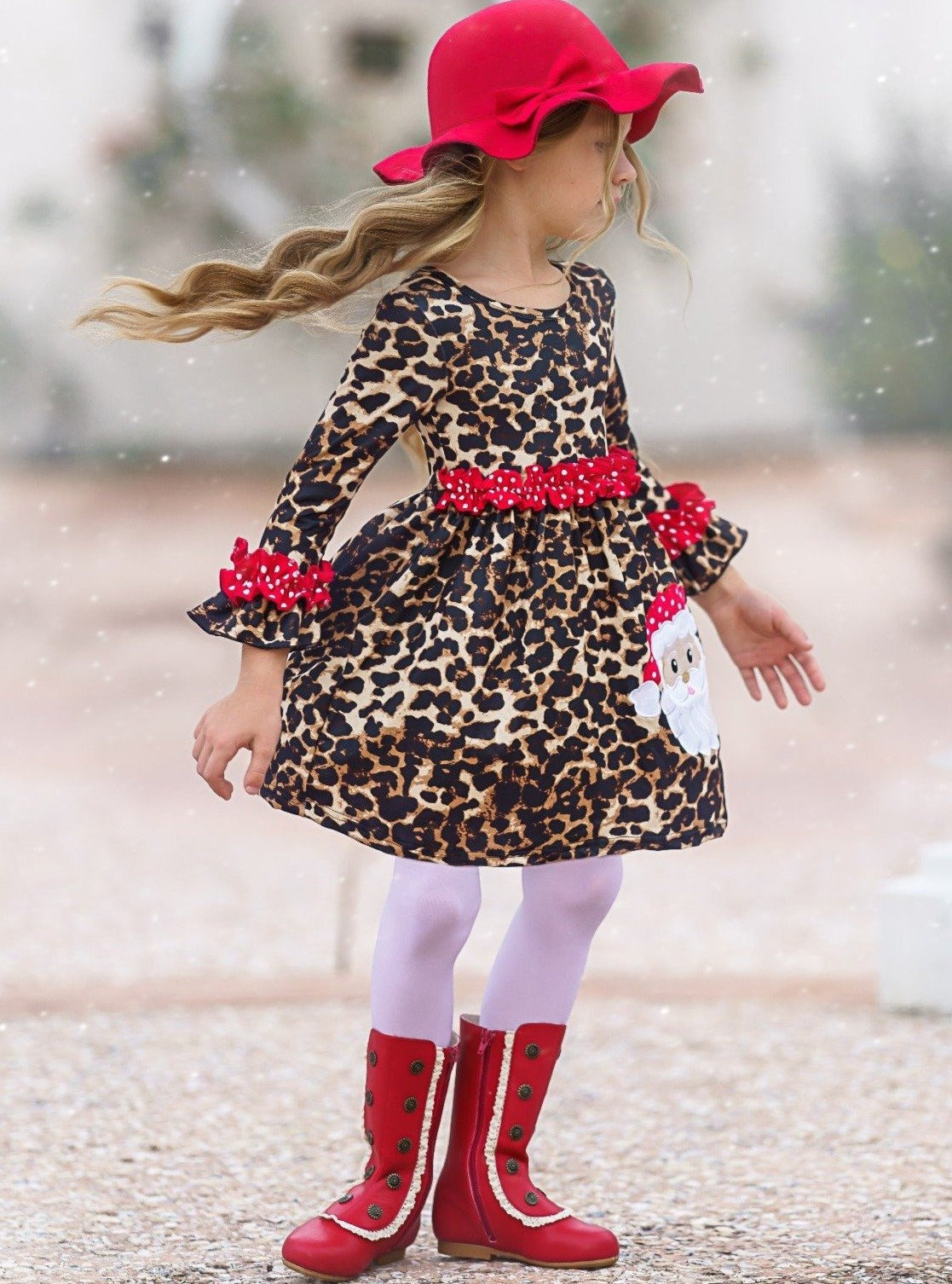 Cute Winter Dresses | Girls Leopard Print Santa Applique Ruffle Dress