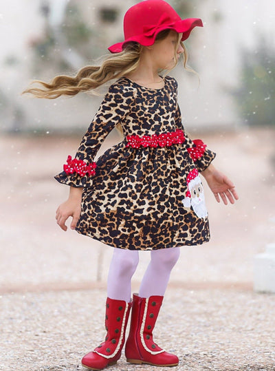 Cute Winter Dresses | Girls Leopard Print Santa Applique Ruffle Dress