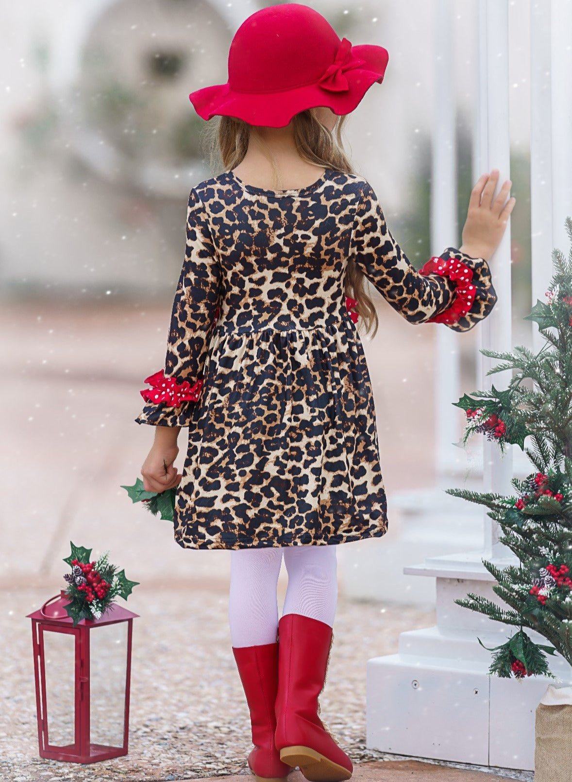 Cute Winter Dresses | Girls Leopard Print Santa Applique Ruffle Dress