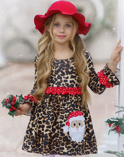 Cute Winter Dresses | Girls Leopard Print Santa Applique Ruffle Dress