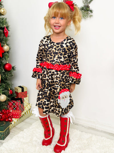 Cute Winter Dresses | Girls Leopard Print Santa Applique Ruffle Dress