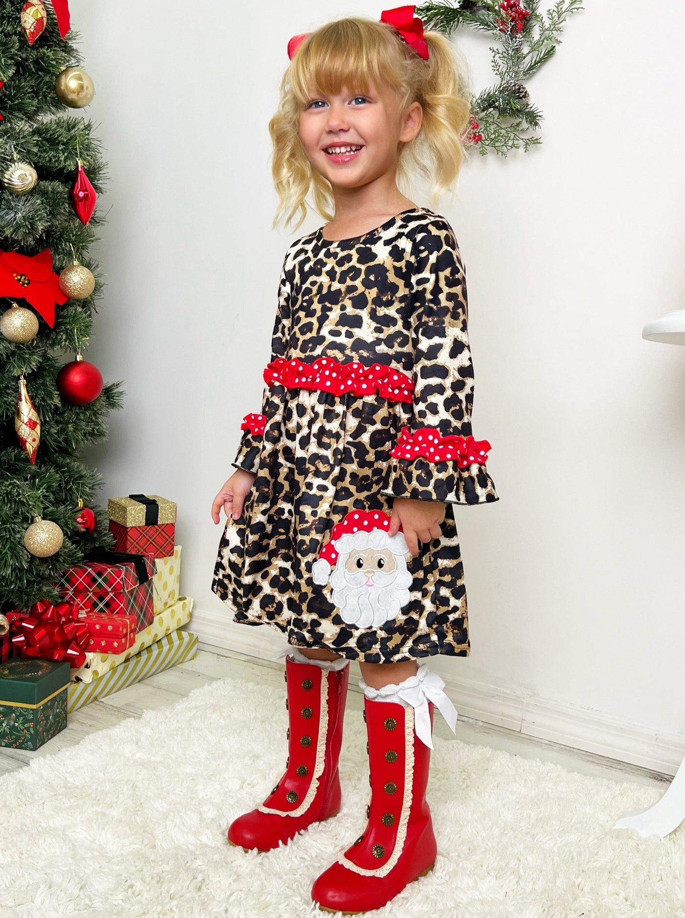 Cute Winter Dresses | Girls Leopard Print Santa Applique Ruffle Dress