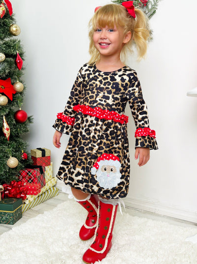 Cute Winter Dresses | Girls Leopard Print Santa Applique Ruffle Dress