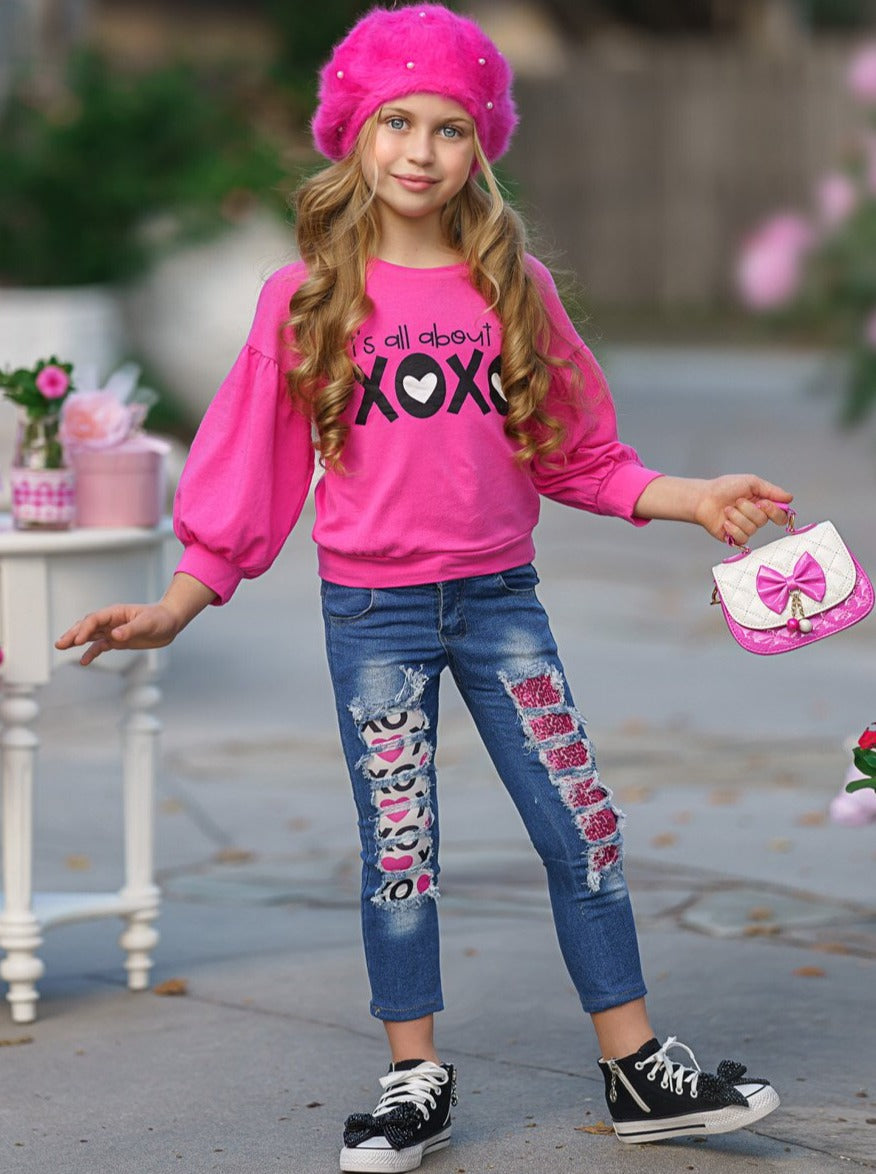 Toddler Valentine's Outfit | Little Girls XOXO Top & Patched Jeans Set