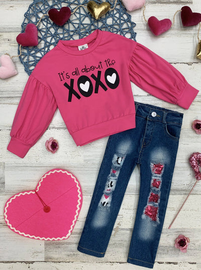 Toddler Valentine's Outfit | Little Girls XOXO Top & Patched Jeans Set