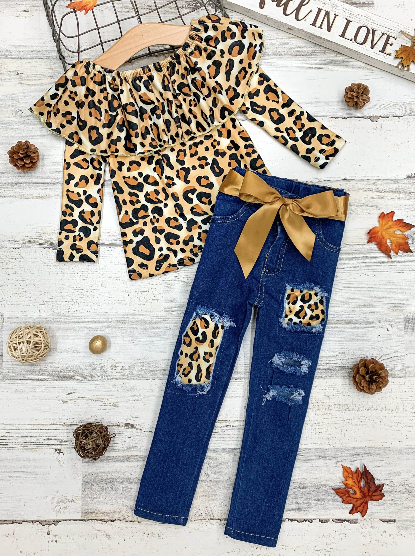 Girls Leopard Ruffled Bib Top and Patched Jeans Set