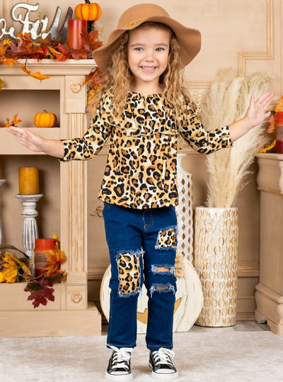 Girls Leopard Ruffled Bib Top and Patched Jeans Set
