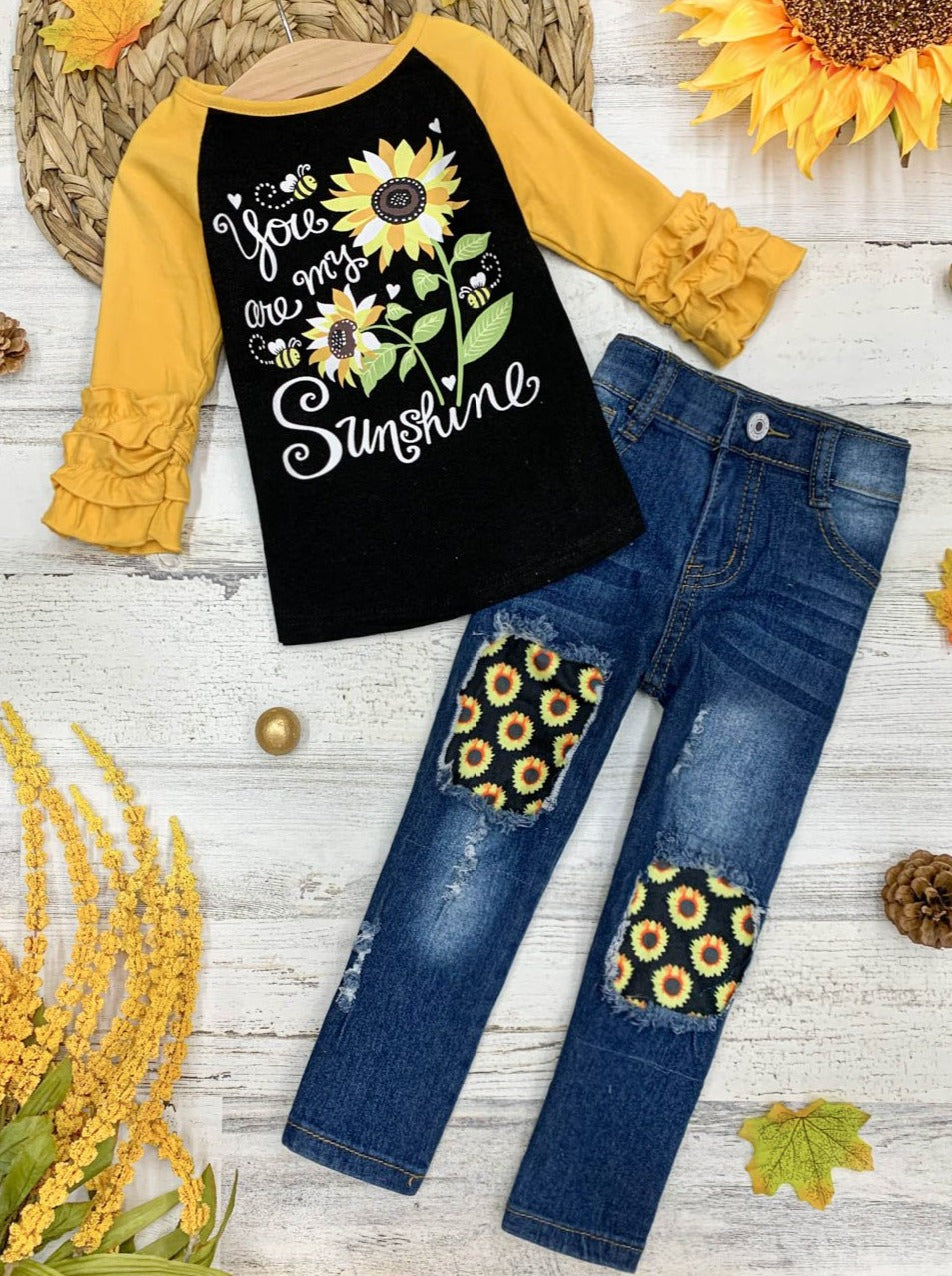 Girls Fall Outfits | Raglan Top & Patched Jeans Set - Mia Belle Girls
