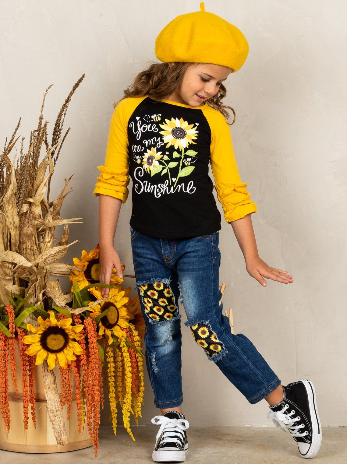 Girls Fall Outfits | Raglan Top & Patched Jeans Set - Mia Belle Girls