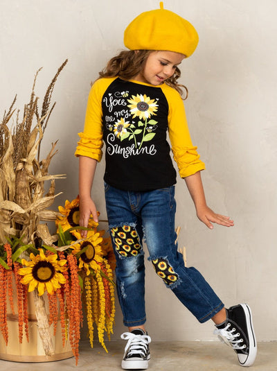 Girls Fall Outfits | Raglan Top & Patched Jeans Set - Mia Belle Girls