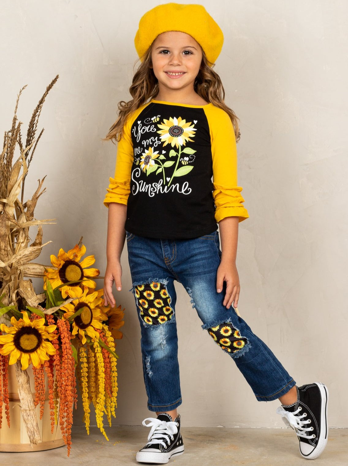 Girls Fall Outfits | Raglan Top & Patched Jeans Set - Mia Belle Girls