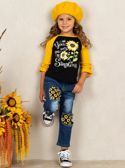 Girls Fall Outfits | Raglan Top & Patched Jeans Set - Mia Belle Girls