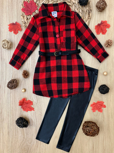 Girls Plaid Button-Down Tunic, Leggings and Belt Set - Mia Belle Girls