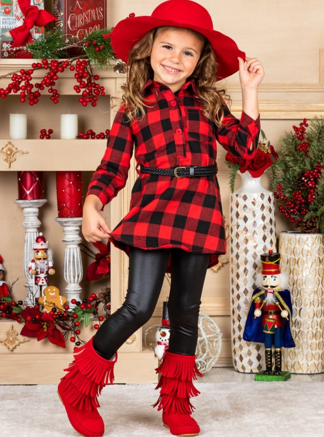 Plaid Tunic with Belt And Leggings - Red and Black