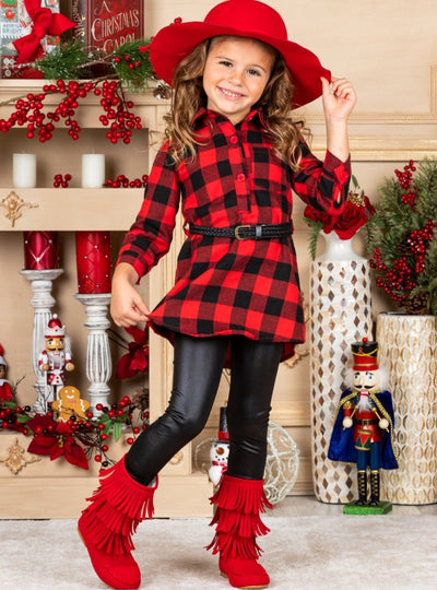 Plaid Tunic with Belt And Leggings - Red and Black