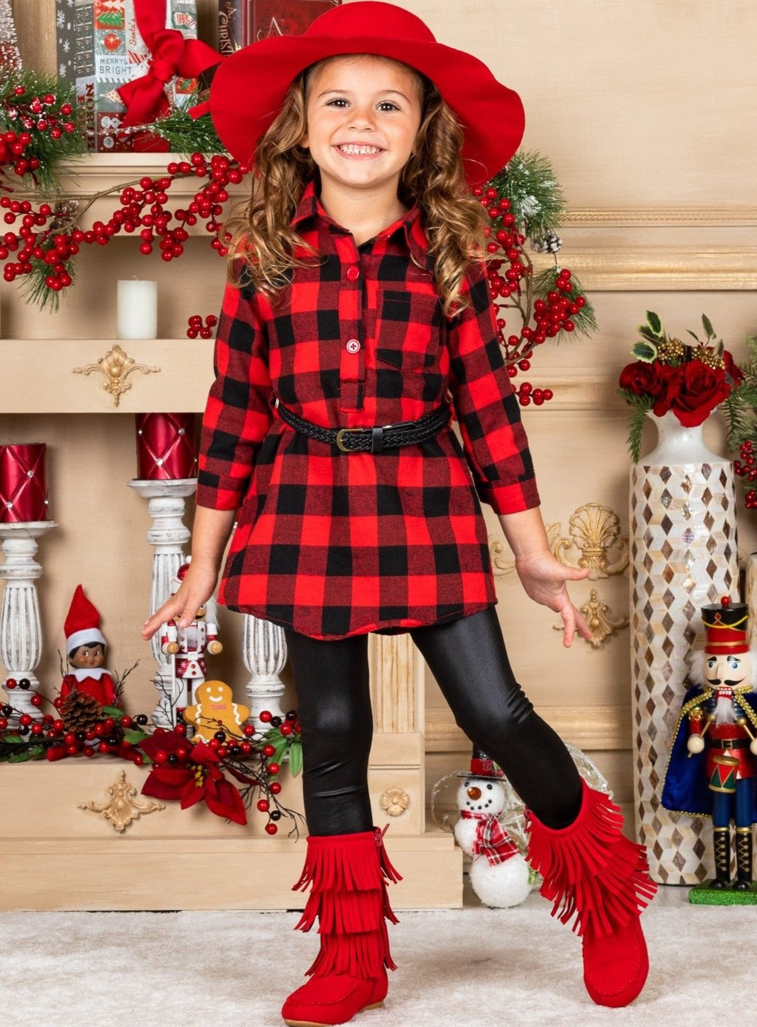 Plaid Tunic with Belt And Leggings - Red and Black