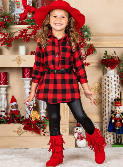 Plaid Tunic with Belt And Leggings - Red and Black