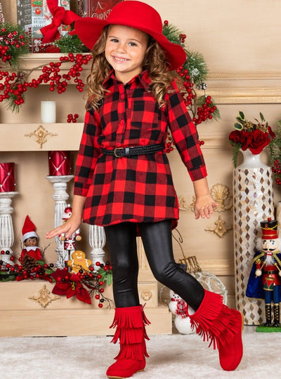 Plaid Tunic with Belt And Leggings - Red and Black