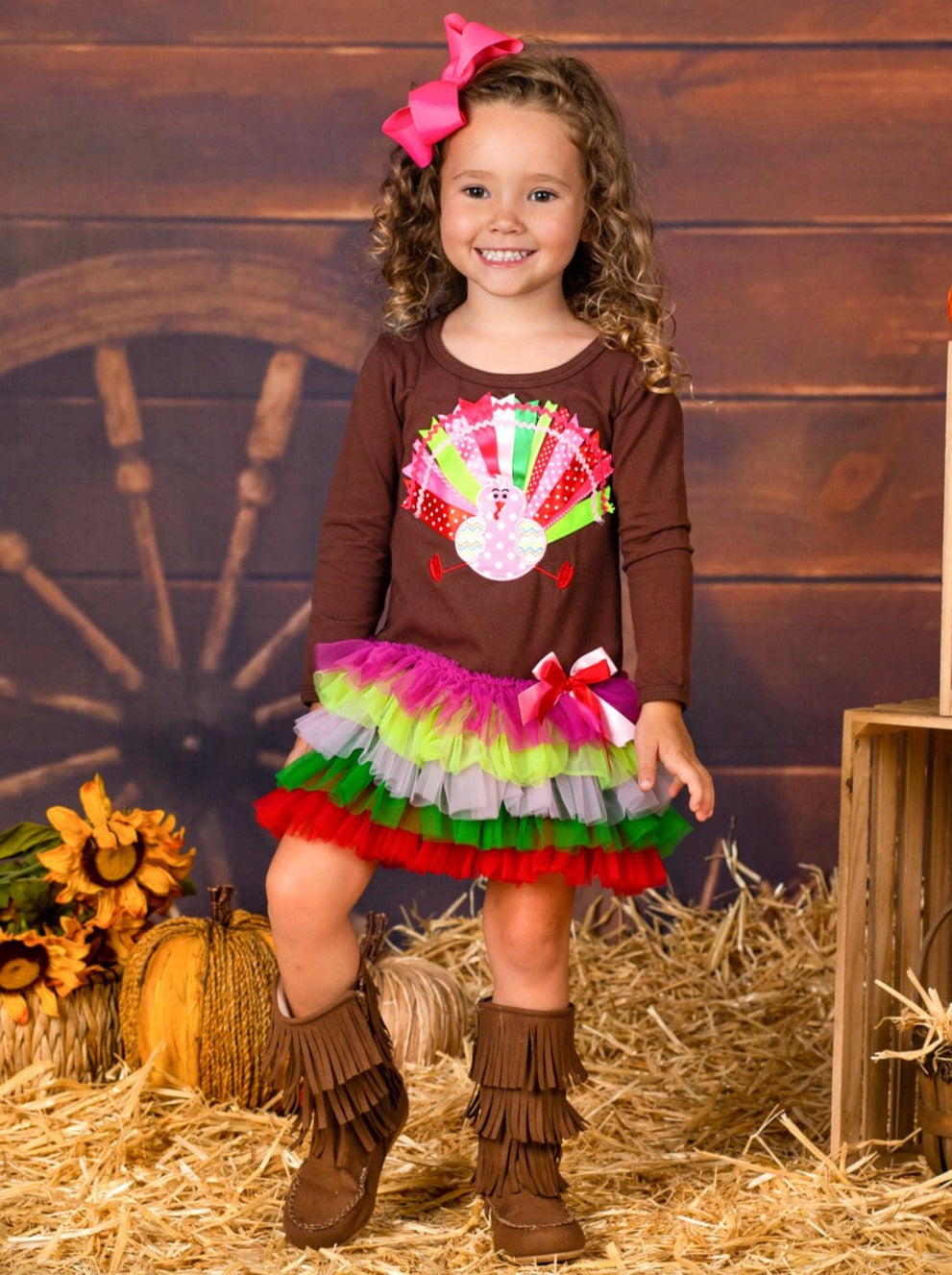 Girls Thanksgiving Themed Long Sleeve Turkey Ruffled Tutu Dress